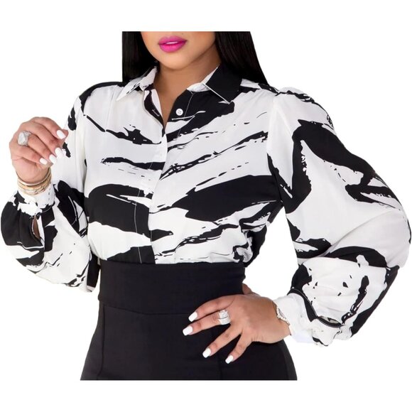 Women White Blouses Button Down Shirts Colorful Long Sleeve Floral Print Tops - Picture 1 of 6